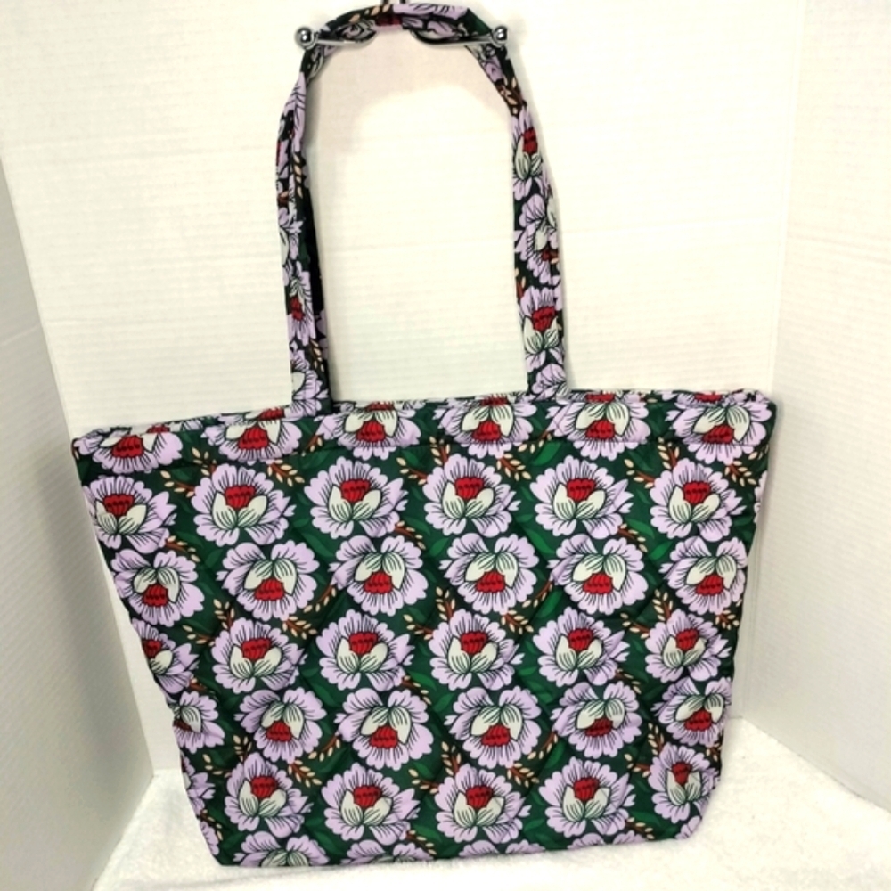 Vera Bradley Floral Tote Bag Lotus Sea Moss Zip Top Medium Quilted - Picture 1 of 6
